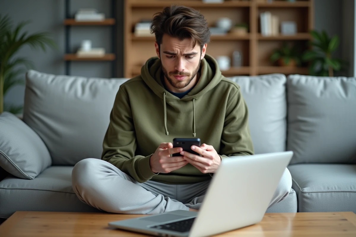 Jeune adulte comparant sur smartphone et ordinateur les sites payants et gratuits pour obtenir un acte de naissance