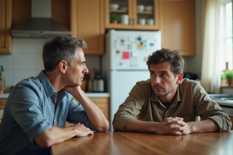 Parent inquiet avec son enfant à la cuisine