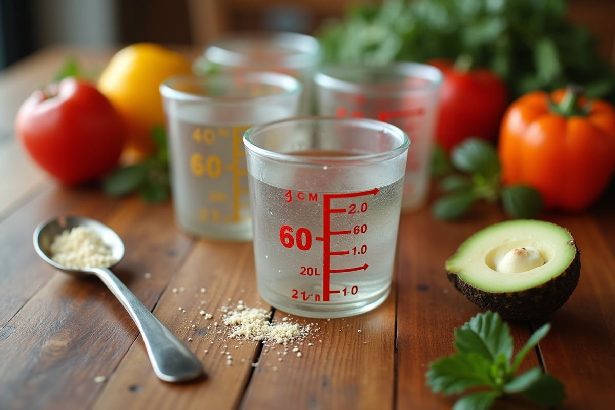 Coupes de mesure avec ingredients frais sur une table en bois