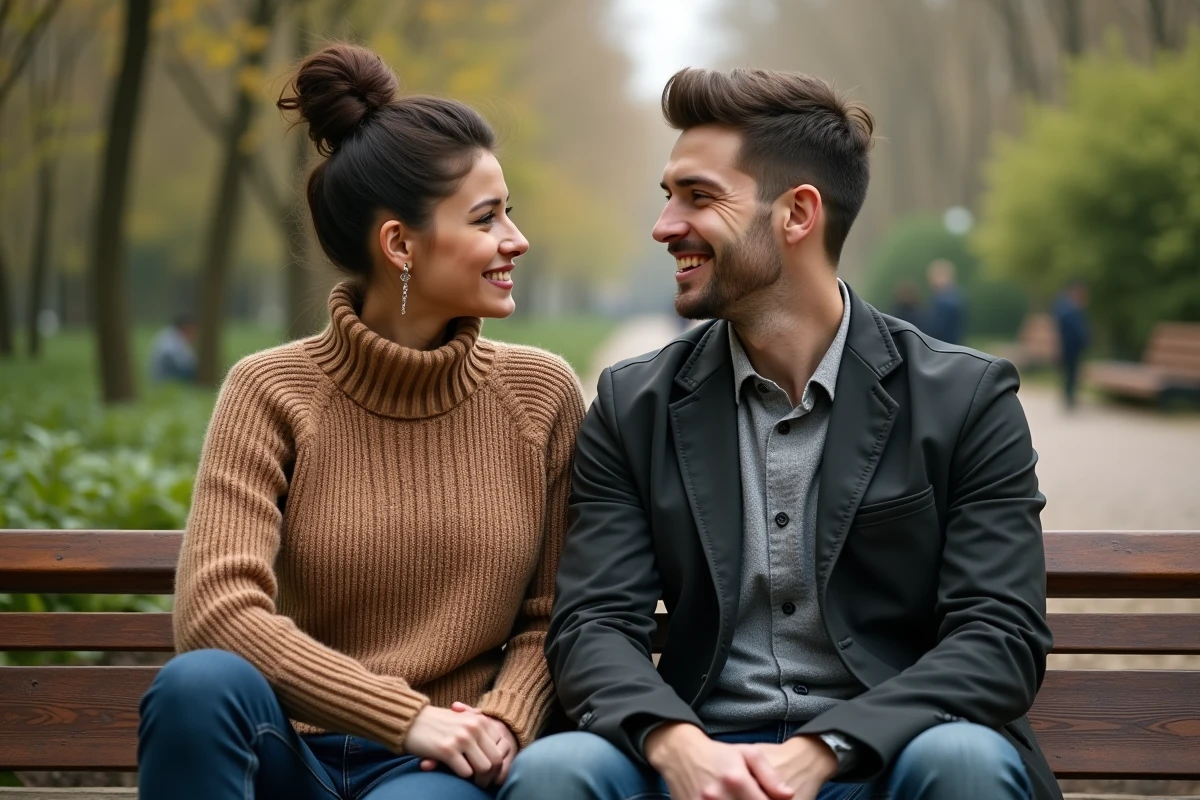 Jeune couple assis sur un banc dans un jardin urbain