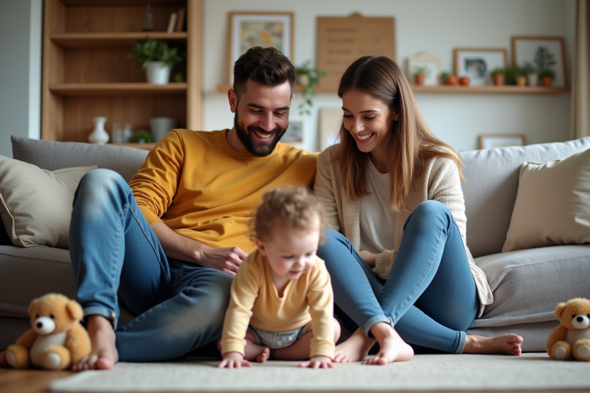 Jeune couple avec bébé dans le salon familial