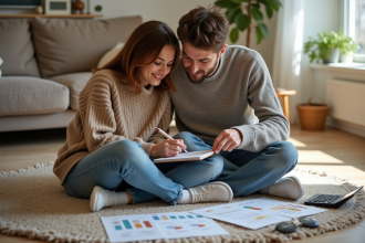 Jeune couple planifiant budget bébé à la maison
