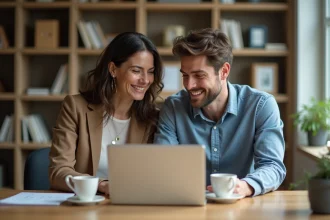 Couple au bureau à domicile souriant en collaboration
