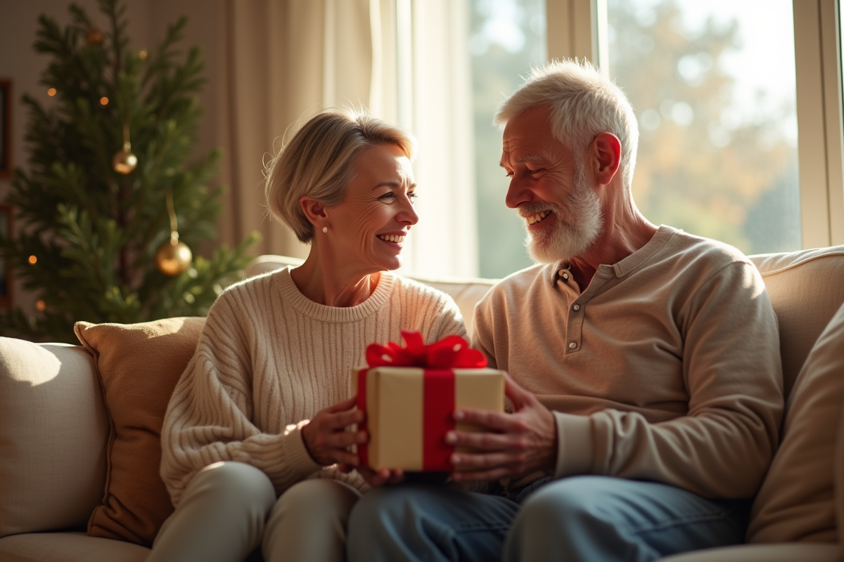 Couple mature échangeant des cadeaux dans un salon lumineux