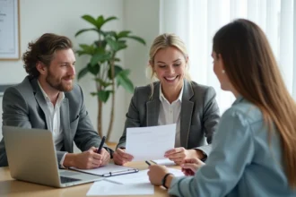 Un couple examine un contrat de crédit avec un conseiller bancaire dans un bureau moderne, illustrant la solidarité des dettes entre époux selon l'article 220 du Code civil