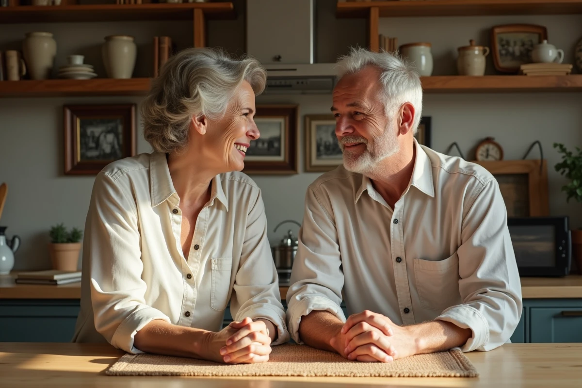 Couple français dans une cuisine chaleureuse et lumineuse