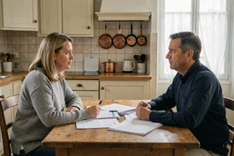 Couple en crise assis face à face avec des documents de divorce sur une table en bois dans une cuisine française
