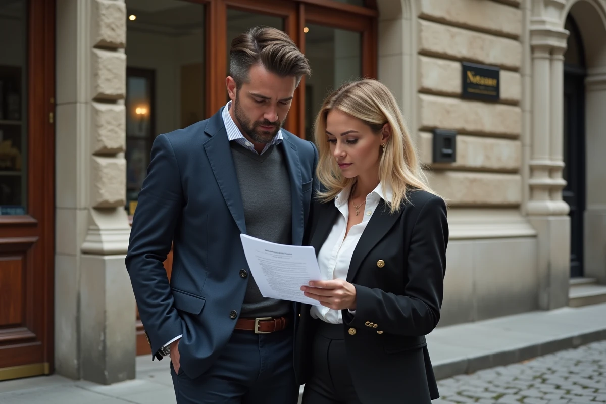 Un couple debout devant une étude notariale consulte un document officiel, évoquant la responsabilité juridique commune liée à l'article 220 du Code civil pour les crédits contractés en mariage