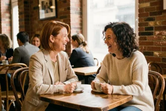 Deux femmes complices attablées dans un café parisien, partageant un moment de rire authentique autour d'un café