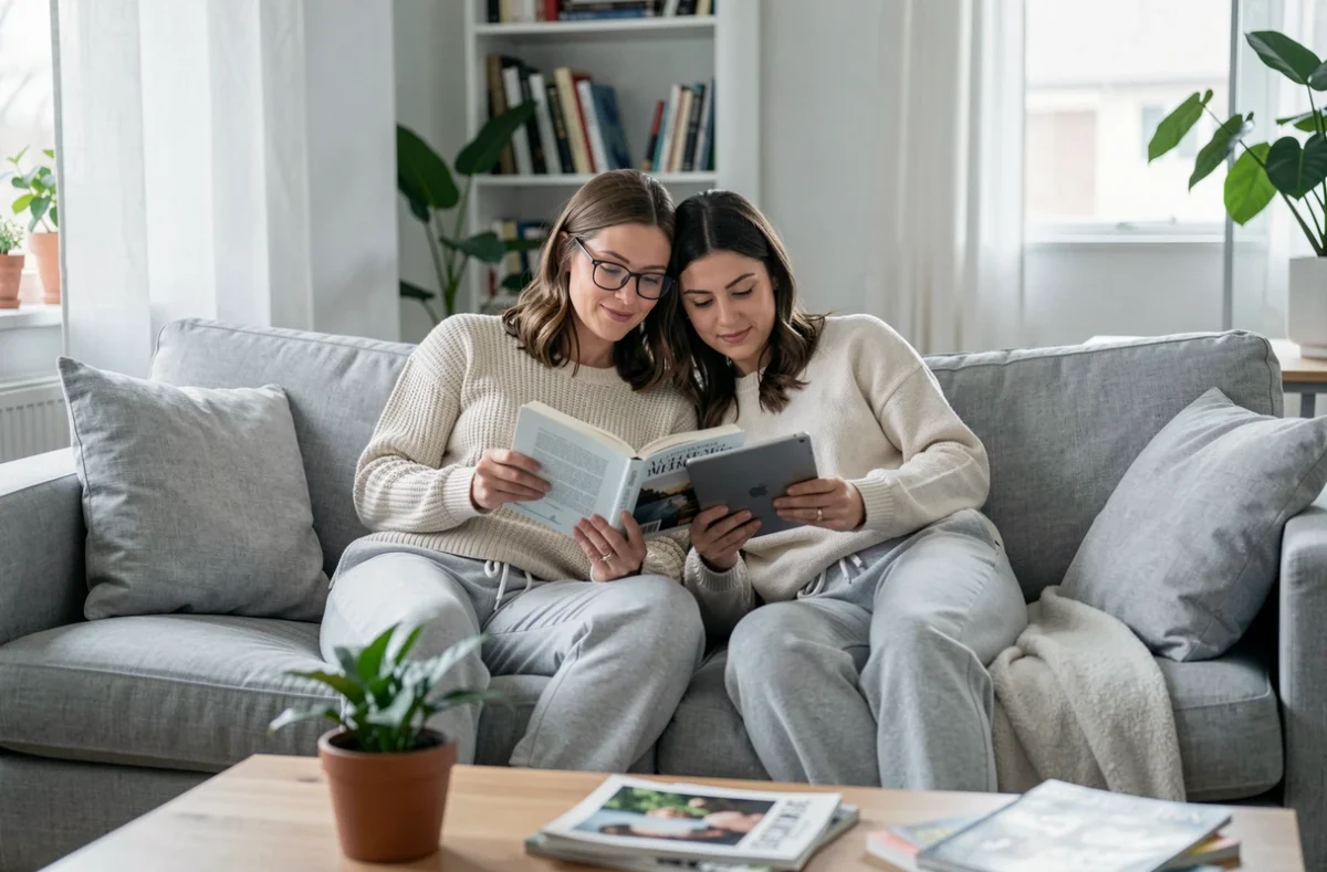 Deux femmes détendues chez elles sur un canapé, partageant un moment calme et intime dans un appartement moderne