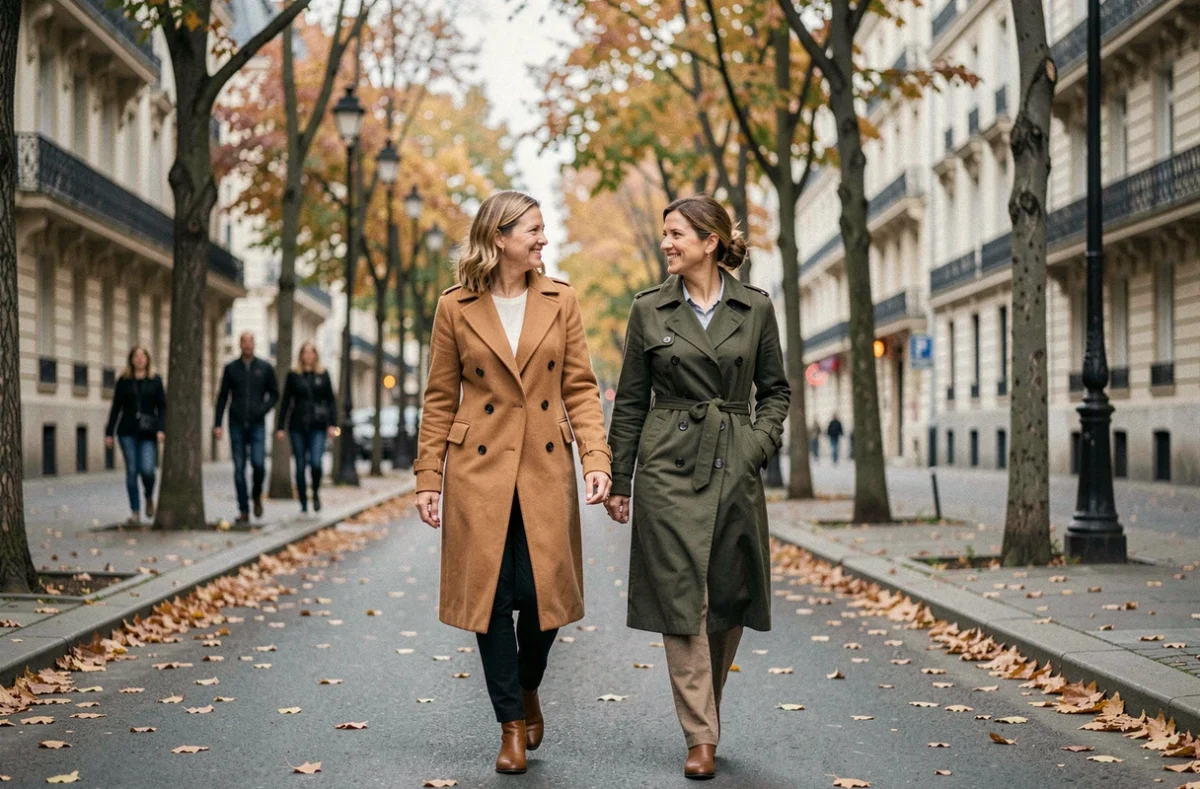 Deux femmes marchant ensemble sur un boulevard parisien en automne, complices et souriantes dans une ambiance urbaine naturelle