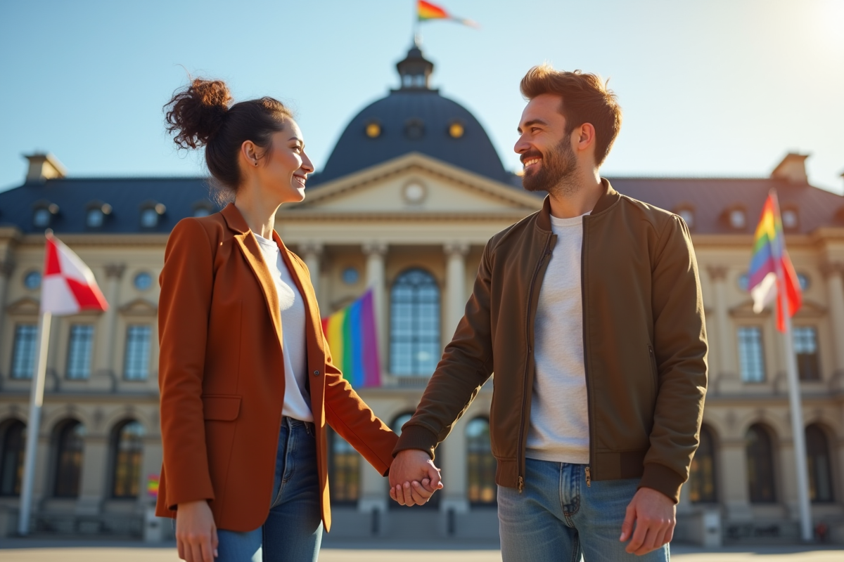 Couple homosexuel main dans la main devant l'assemblee nationale