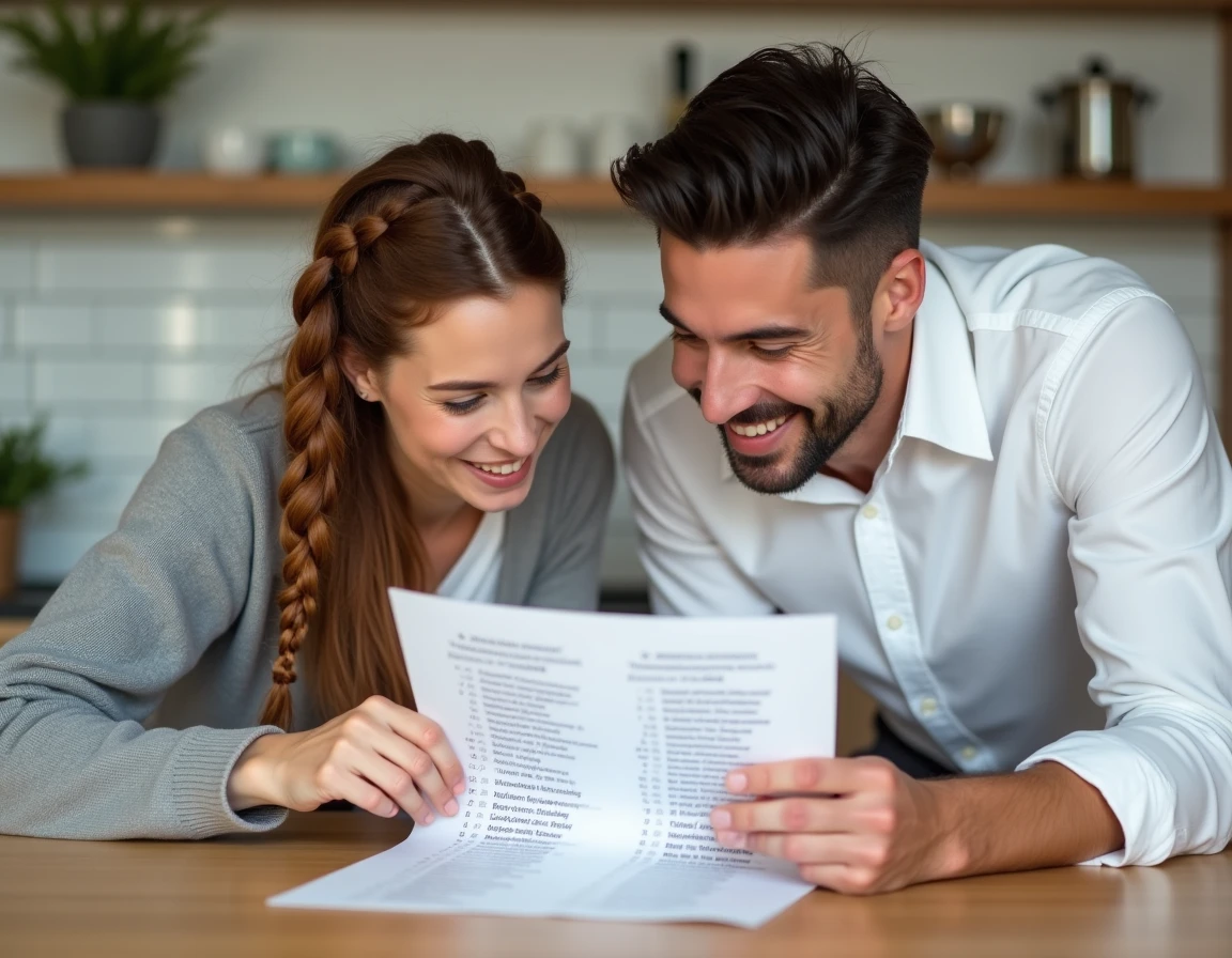 Couple regardant une liste de prénoms italiens associés à des noms de famille français dans une cuisine moderne