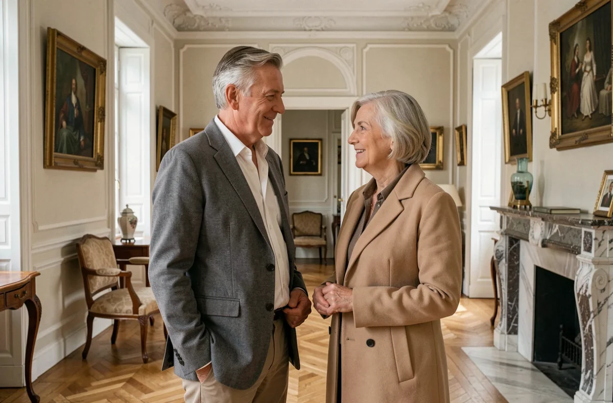 Couple de seniors élégants dans un appartement haussmannien parisien, évoquant la vie familiale d'un homme politique