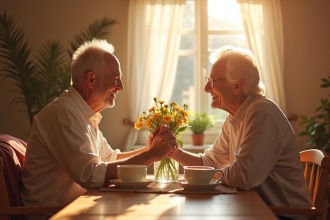 Couple senior souriant autour d'un café au matin