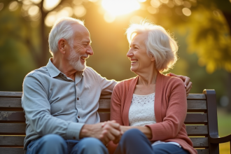 Couple senior souriant main dans la main en plein air