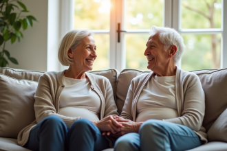 Couple senior souriant dans un salon lumineux
