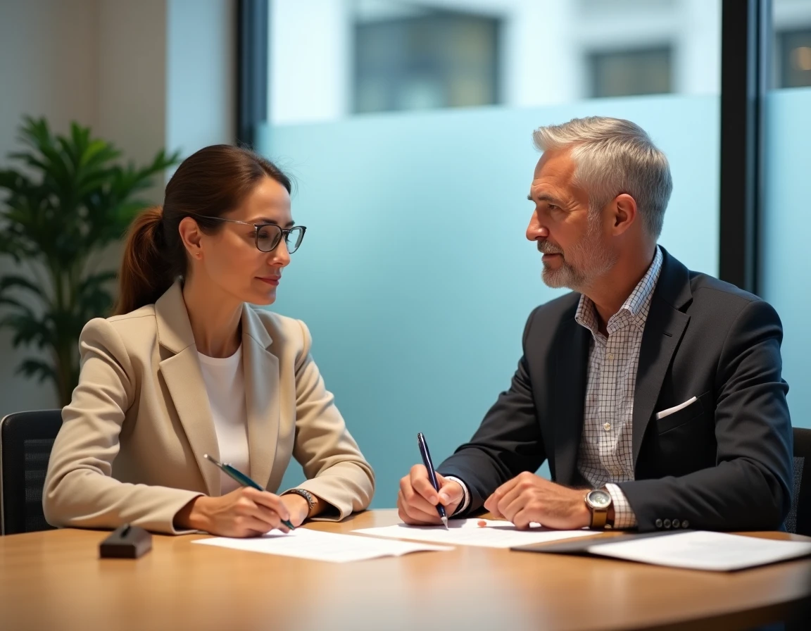 Couple signant un testament chez le notaire dans un bureau moderne, avec des documents officiels posés sur la table