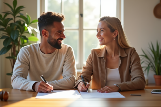 Couple souriant signant des documents dans un salon lumineux