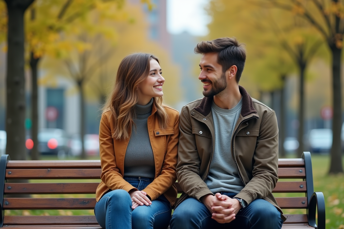 Jeune couple souriant dans un parc urbain en ville