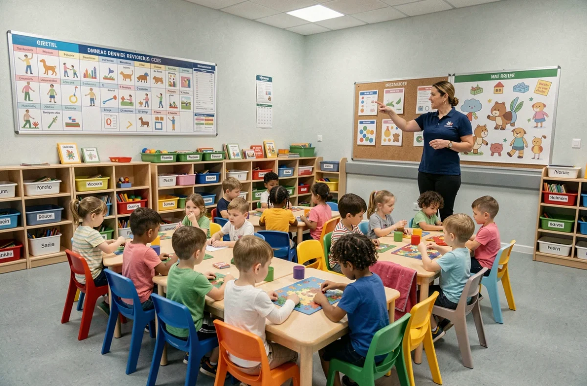 Salle d'activités collectives d'une crèche municipale collective de Marseille avec une éducatrice animant une séance de puzzles en groupe