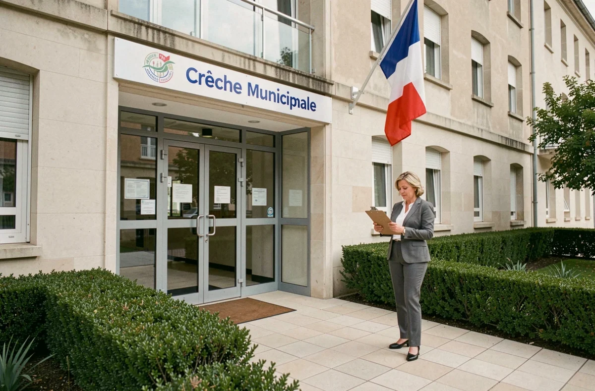 Façade officielle d'une crèche municipale de Marseille avec signalétique institutionnelle et employée municipale à l'entrée
