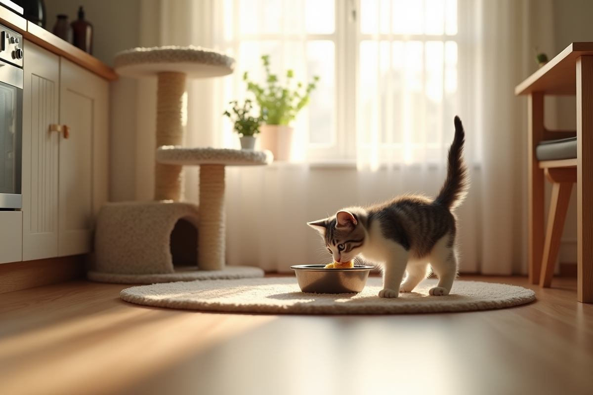 Coin cuisine accueillant avec chaton jouant et arbre à chat
