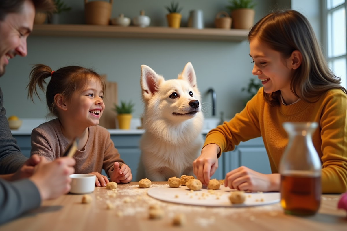Famille préparant des friandises pour chien avec leur spitz en cuisine