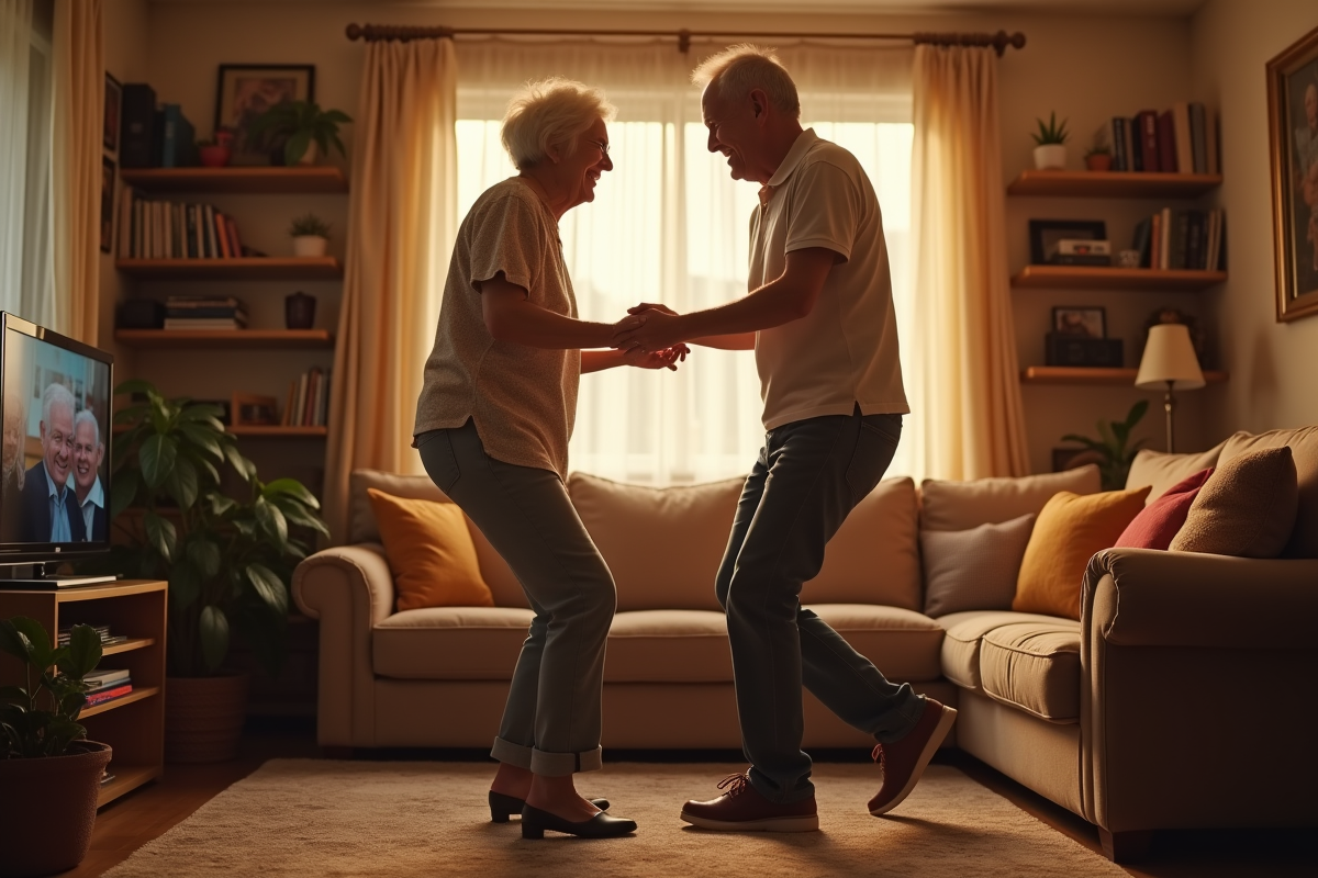Couple âgé dansant joyeusement dans le salon