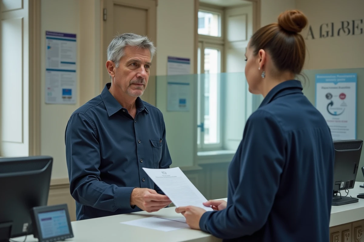 Homme déposant une demande d'acte de naissance en personne au guichet d'une mairie française
