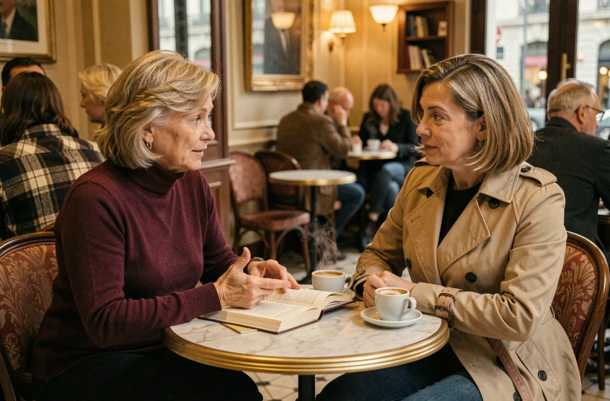 Deux femmes discutant d'une biographie autour d'un café dans une brasserie parisienne