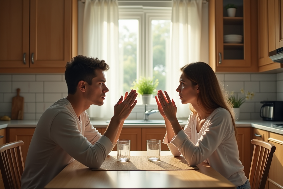 Frere et sœur adultes en discussion tendue à la cuisine