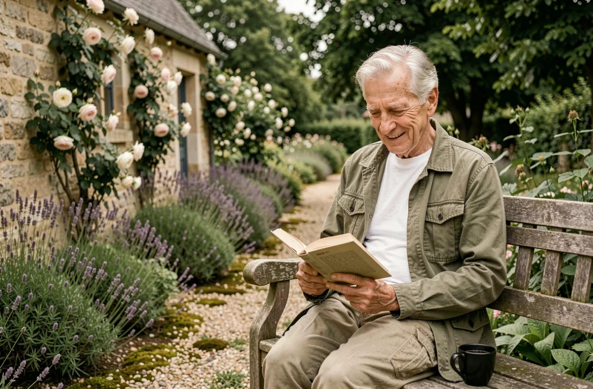 Dominique Pinon au repos dans un jardin de campagne française, équilibre entre vie personnelle et carrière artistique