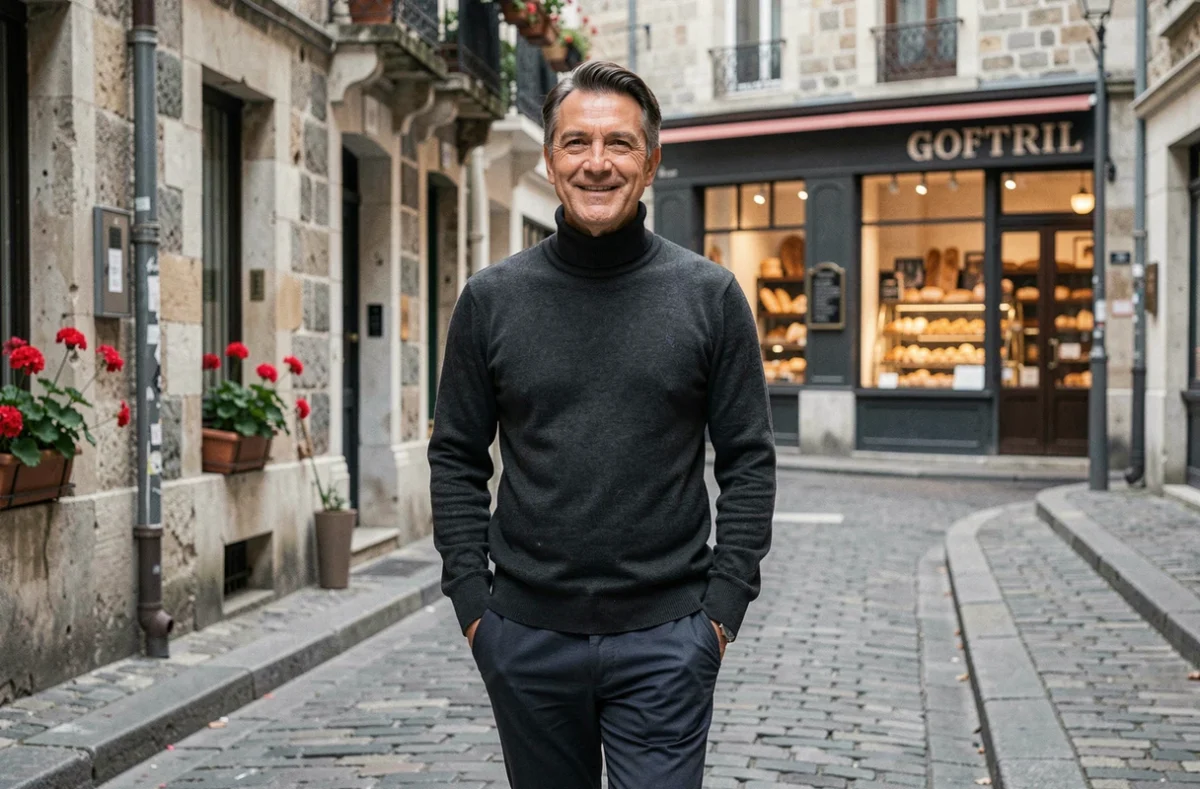 Acteur français Dominique Pinon se promenant dans les rues pavées de Paris, moment de vie personnelle authentique