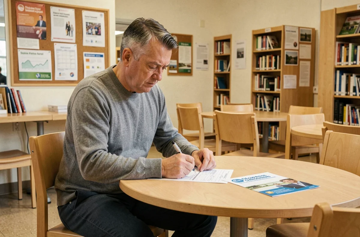 Homme remplissant un dossier d'aide sociale dans une mairie ou bibliothèque publique