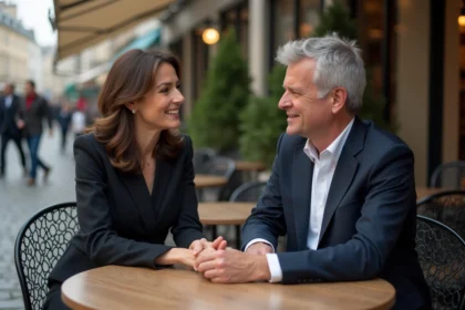 Femme d'âge moyen et JeanLuc Mélenchon discutent dans un café parisien