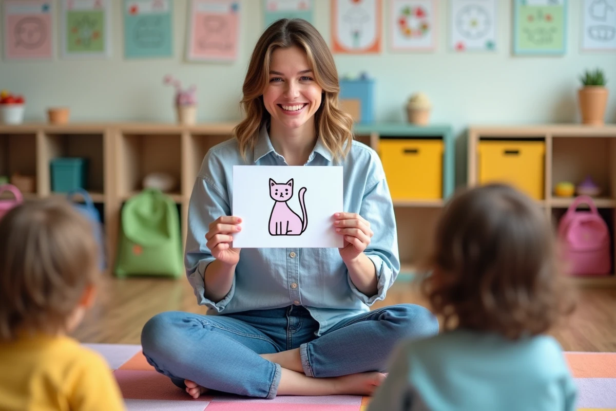 Éducatrice tenant une carte pictogramme d'un chat devant des enfants en bas âge lors d'une activité autour de la comptine 3 petits chats
