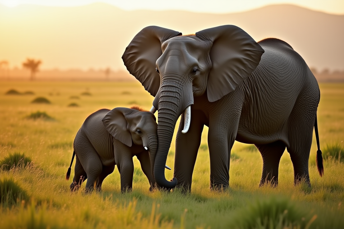 Eléphant mère caressant son bébé dans la savane au matin