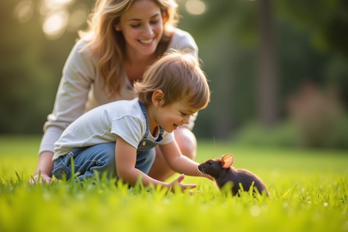 Enfant caressant un rat dans l