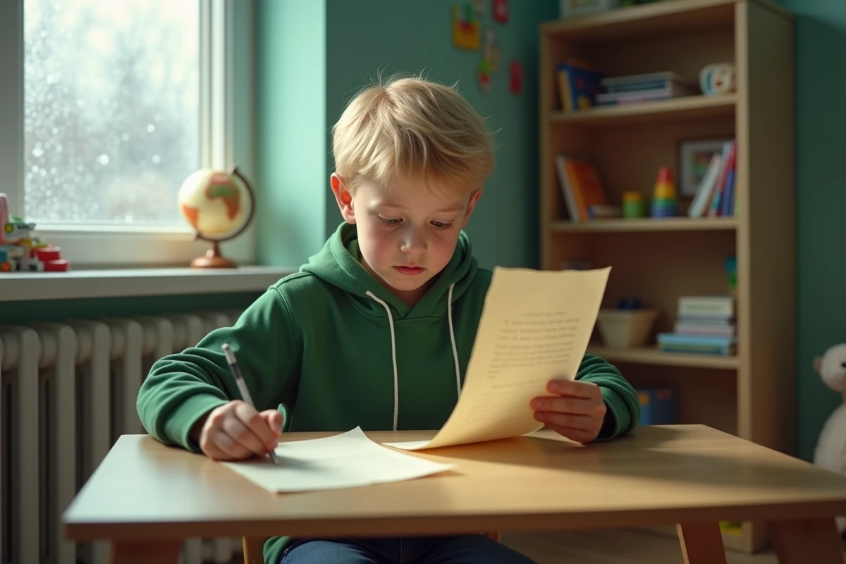 Garçon comparant une lettre manuscrite et une lettre imprimée du Père Noël sur son bureau