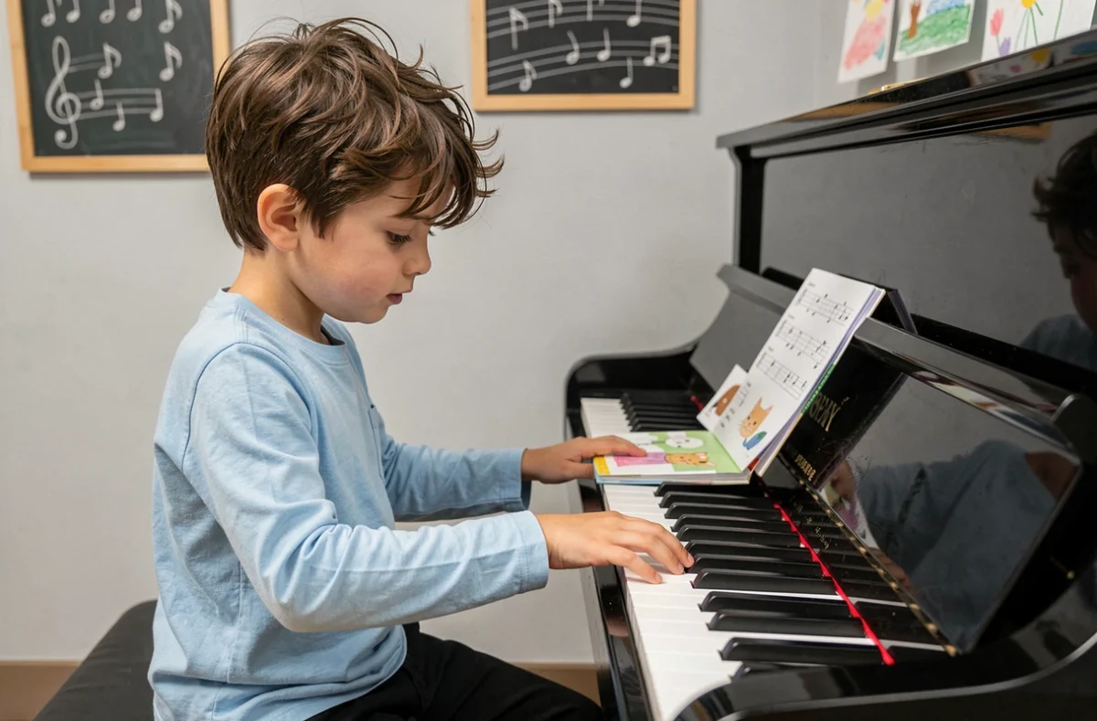 Enfant débutant apprenant à jouer Trois Petits Chats sur un piano noir avec un livre de partitions illustré pour enfants