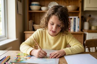 Petite fille dessinant sur du papier calque posé sur un dessin coloré, à une table en bois dans une cuisine familiale
