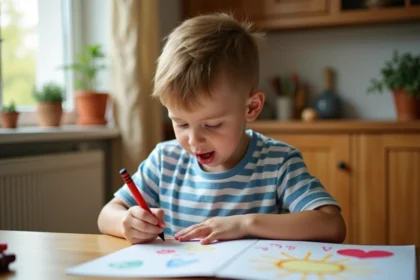 Enfant qui écrit une poésie pour la fête des pères sur une carte faite main à la table de la cuisine