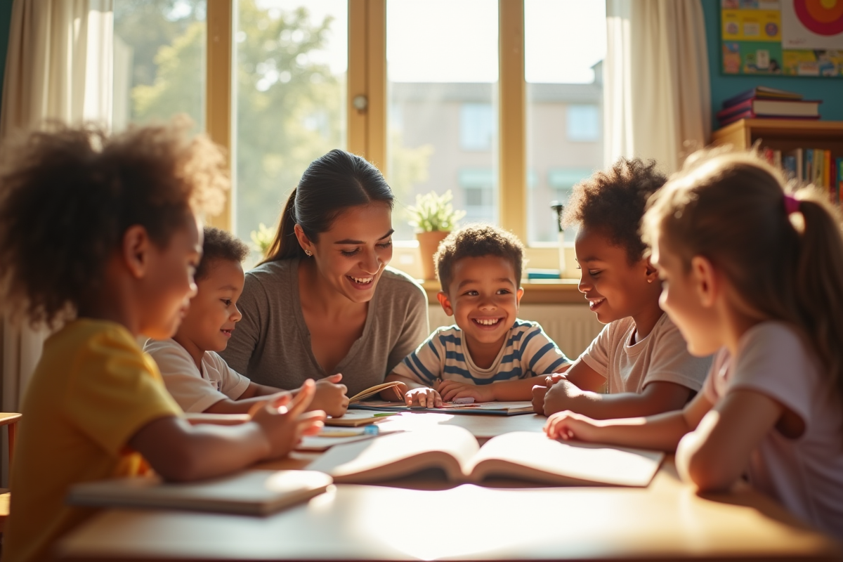Enfants et enseignant souriants dans une salle de classe chaleureuse