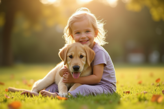 Enfant heureux dans un parc avec un chiot doré