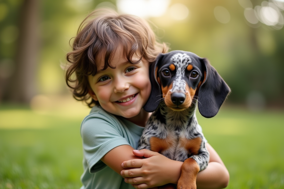 Enfant embrassant un merle dachshund dans le jardin