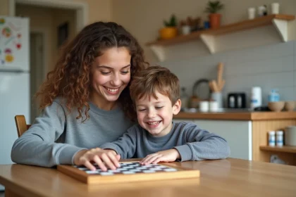 Jeune fille souriante jouant à un jeu de société avec un garçon