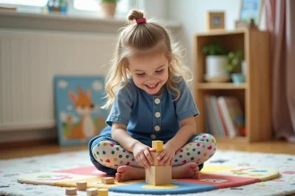 Fille de 4 ans joue avec des blocs en intérieur