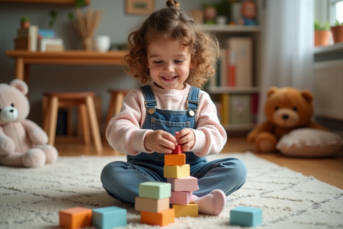 Fille de 3 ans avec cheveux bouclés joue avec des blocs colorés