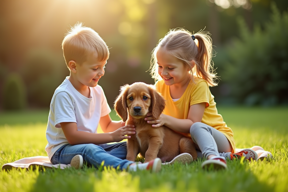 Enfant joyeux jouant avec un chiot cocker spaniel dans le jardin